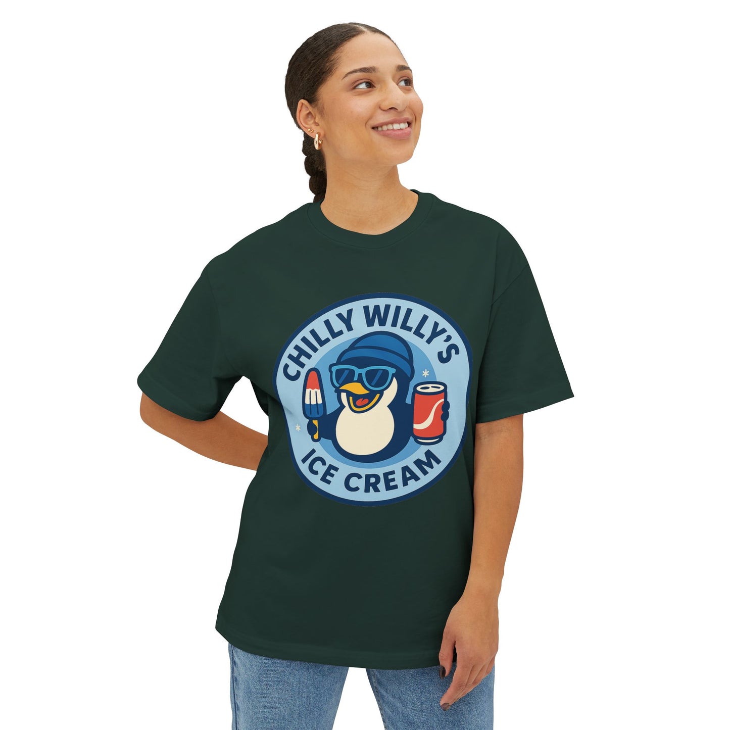 Chilly Willy's Ice Cream Oversized Tee, Summer Vibe Shirt, Fun Graphic T-Shirt, Casual Wear, Gift for Ice Cream Lovers