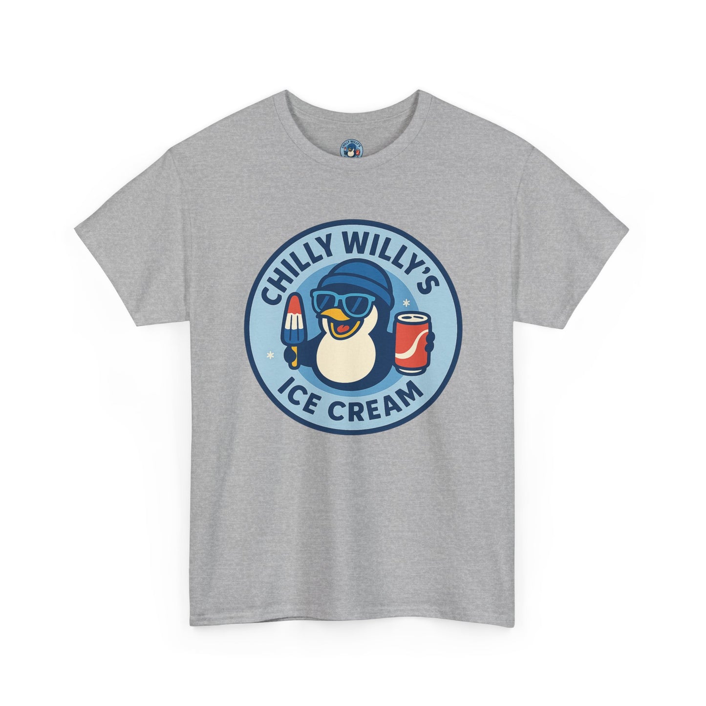 Chilly Willy's Ice Cream Tee, Fun Summer T-Shirt, Penguin Theme Shirt, Unisex Casual Wear, Ice Cream Lovers Gift