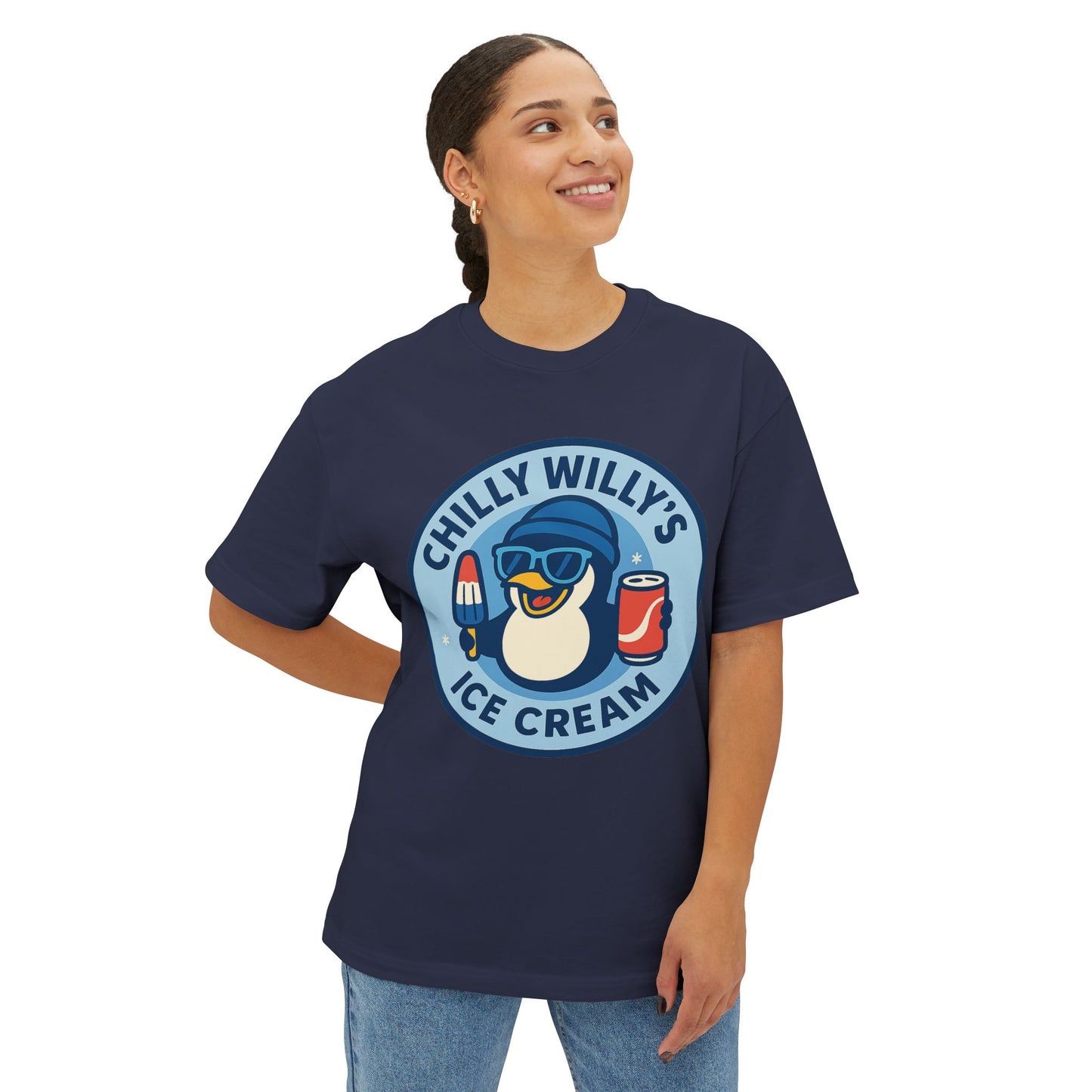 Chilly Willy's Ice Cream Oversized Tee, Summer Vibe Shirt, Fun Graphic T-Shirt, Casual Wear, Gift for Ice Cream Lovers
