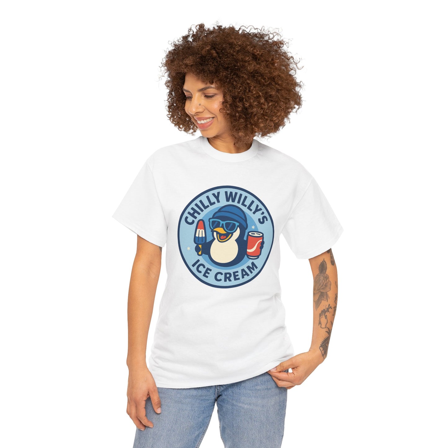 Chilly Willy's Ice Cream Tee, Fun Summer T-Shirt, Penguin Theme Shirt, Unisex Casual Wear, Ice Cream Lovers Gift