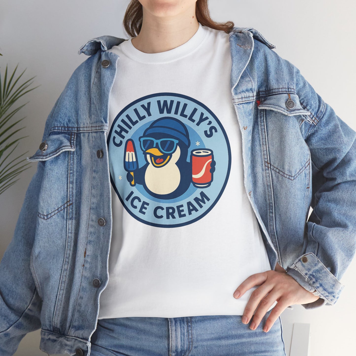 Chilly Willy's Ice Cream Tee, Fun Summer T-Shirt, Penguin Theme Shirt, Unisex Casual Wear, Ice Cream Lovers Gift