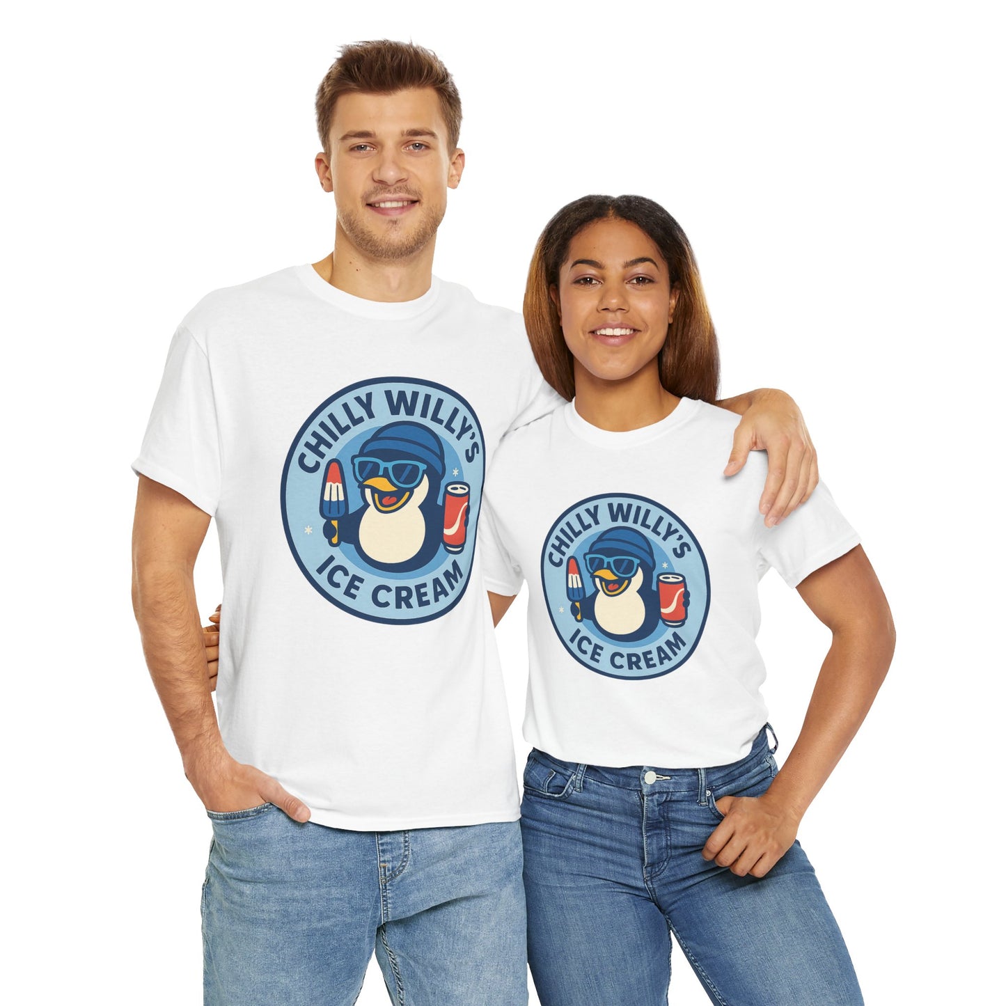 Chilly Willy's Ice Cream Tee, Fun Summer T-Shirt, Penguin Theme Shirt, Unisex Casual Wear, Ice Cream Lovers Gift