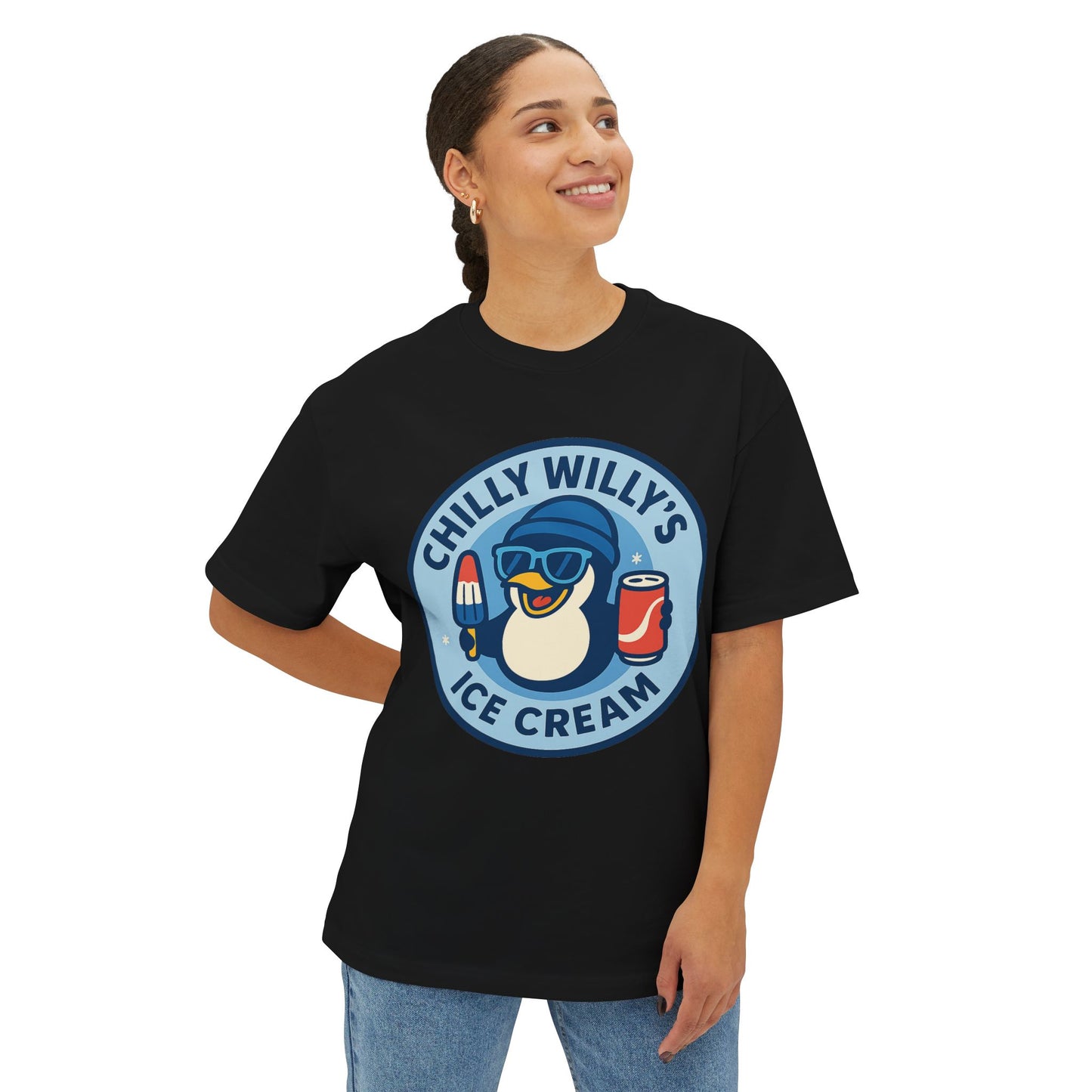 Chilly Willy's Ice Cream Oversized Tee, Summer Vibe Shirt, Fun Graphic T-Shirt, Casual Wear, Gift for Ice Cream Lovers