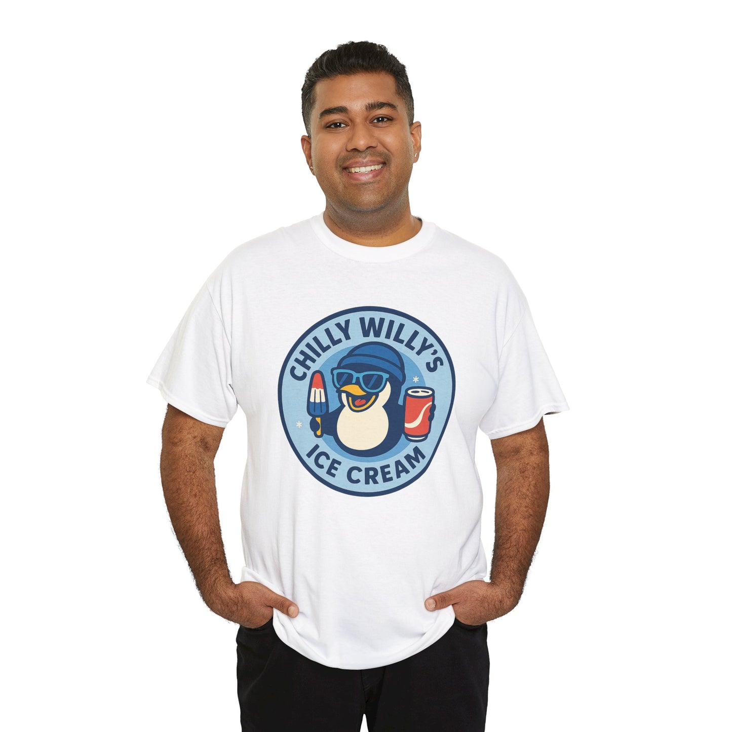 Chilly Willy's Ice Cream Tee, Fun Summer T-Shirt, Penguin Theme Shirt, Unisex Casual Wear, Ice Cream Lovers Gift