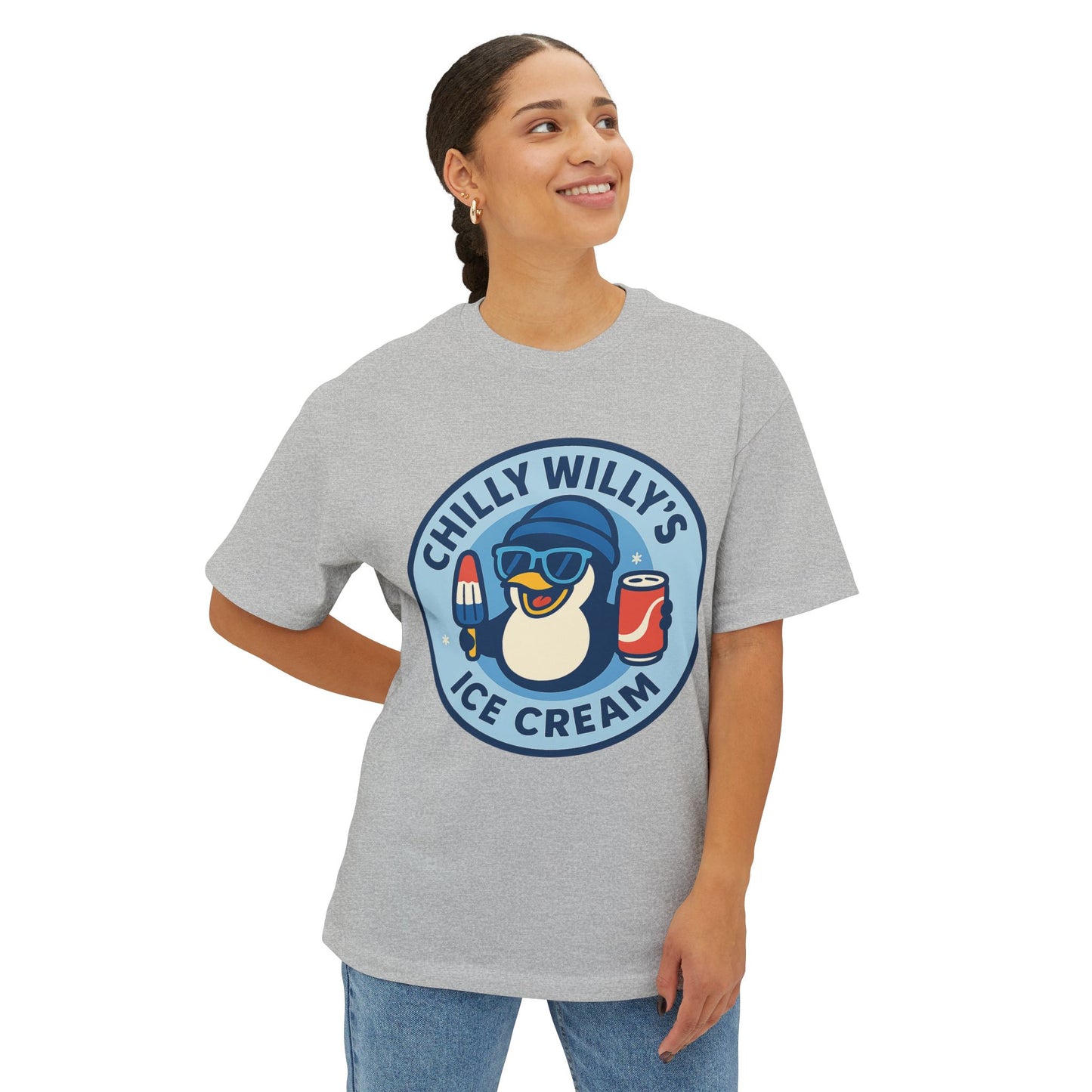 Chilly Willy's Ice Cream Oversized Tee, Summer Vibe Shirt, Fun Graphic T-Shirt, Casual Wear, Gift for Ice Cream Lovers
