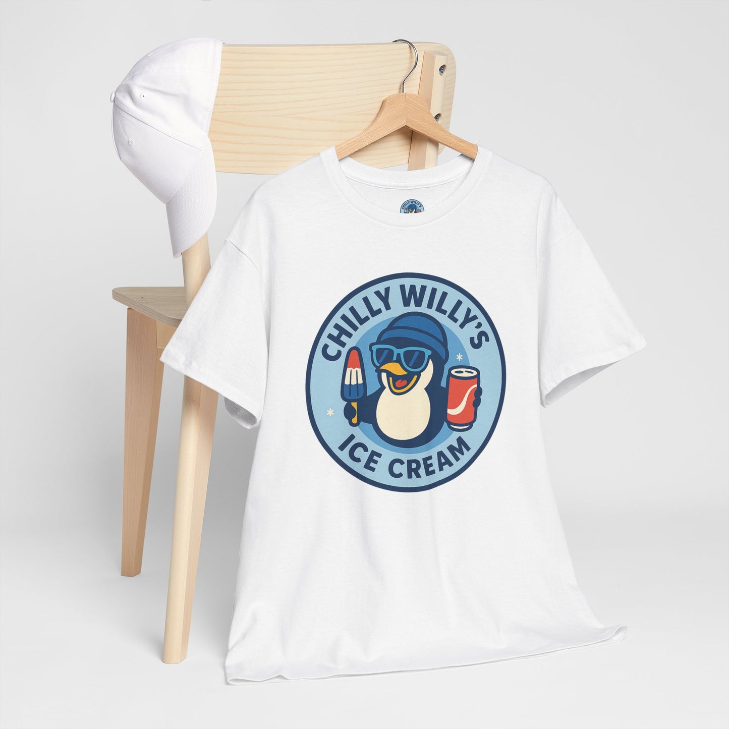 Chilly Willy's Ice Cream Tee, Fun Summer T-Shirt, Penguin Theme Shirt, Unisex Casual Wear, Ice Cream Lovers Gift
