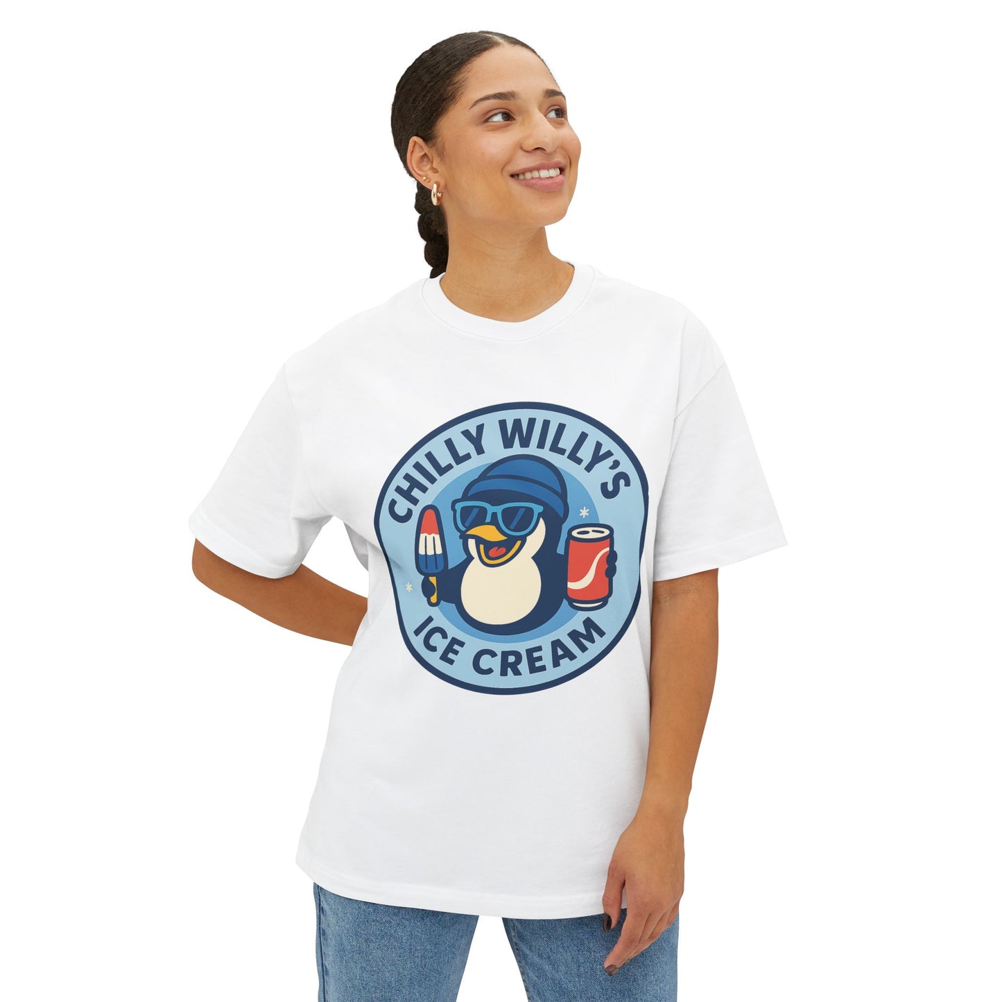 Chilly Willy's Ice Cream Oversized Tee, Summer Vibe Shirt, Fun Graphic T-Shirt, Casual Wear, Gift for Ice Cream Lovers