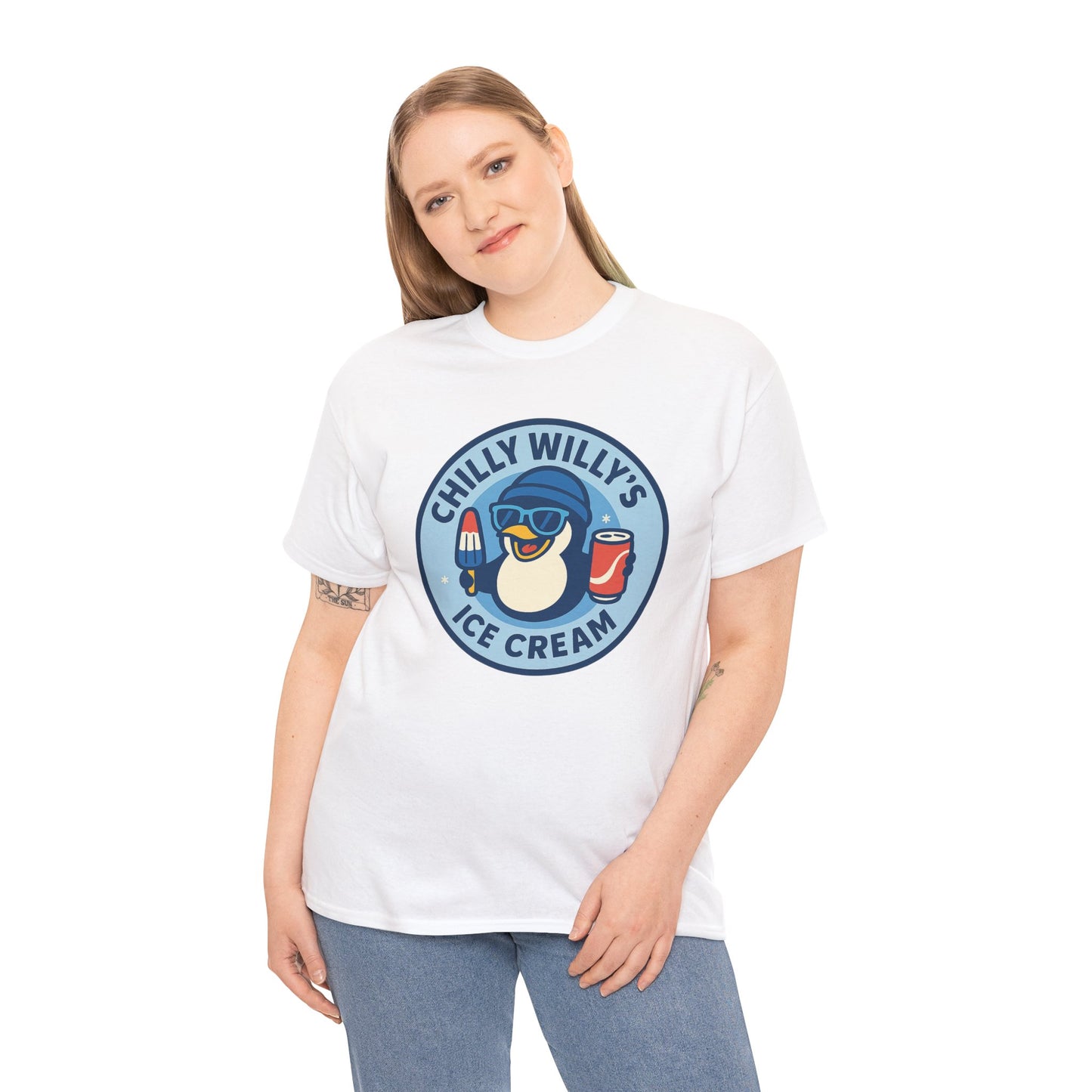 Chilly Willy's Ice Cream Tee, Fun Summer T-Shirt, Penguin Theme Shirt, Unisex Casual Wear, Ice Cream Lovers Gift