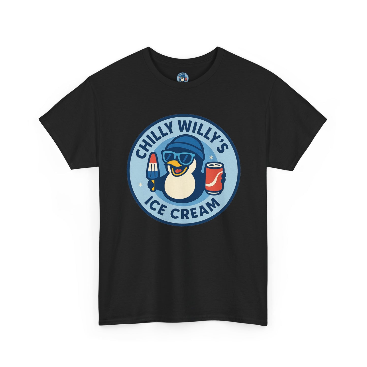 Chilly Willy's Ice Cream Tee, Fun Summer T-Shirt, Penguin Theme Shirt, Unisex Casual Wear, Ice Cream Lovers Gift