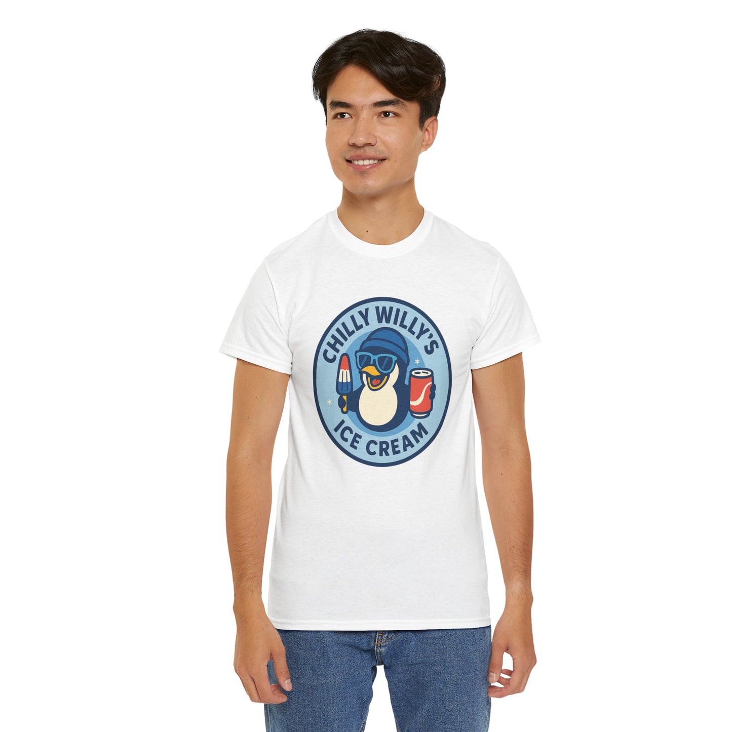 Chilly Willy's Ice Cream Tee, Fun Summer T-Shirt, Penguin Theme Shirt, Unisex Casual Wear, Ice Cream Lovers Gift