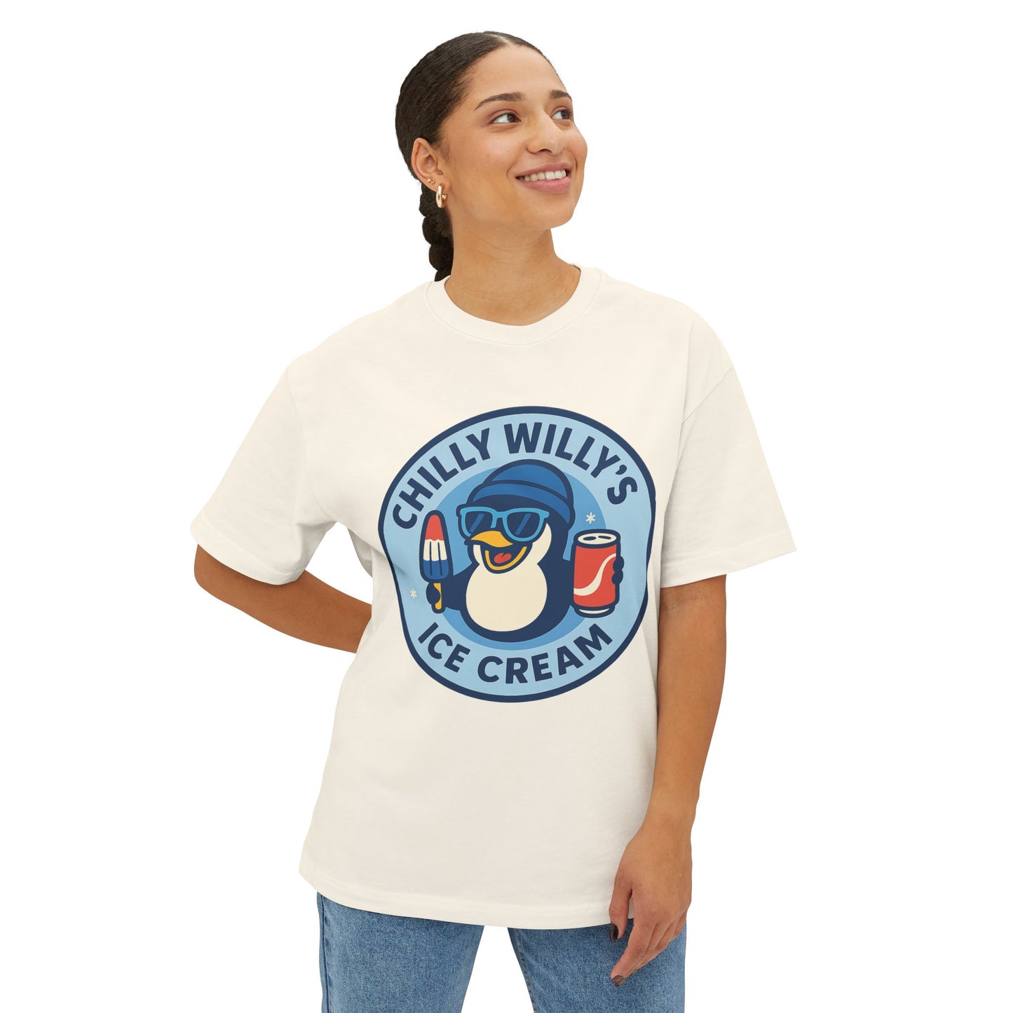 Chilly Willy's Ice Cream Oversized Tee, Summer Vibe Shirt, Fun Graphic T-Shirt, Casual Wear, Gift for Ice Cream Lovers