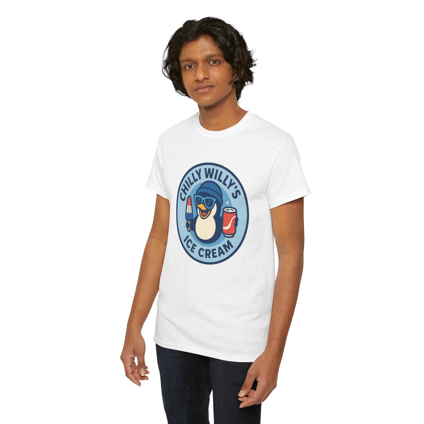 Chilly Willy's Ice Cream Tee, Fun Summer T-Shirt, Penguin Theme Shirt, Unisex Casual Wear, Ice Cream Lovers Gift