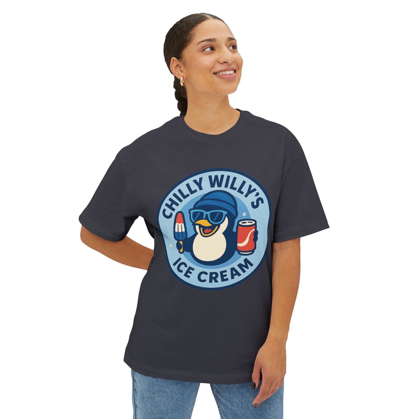 Chilly Willy's Ice Cream Oversized Tee, Summer Vibe Shirt, Fun Graphic T-Shirt, Casual Wear, Gift for Ice Cream Lovers