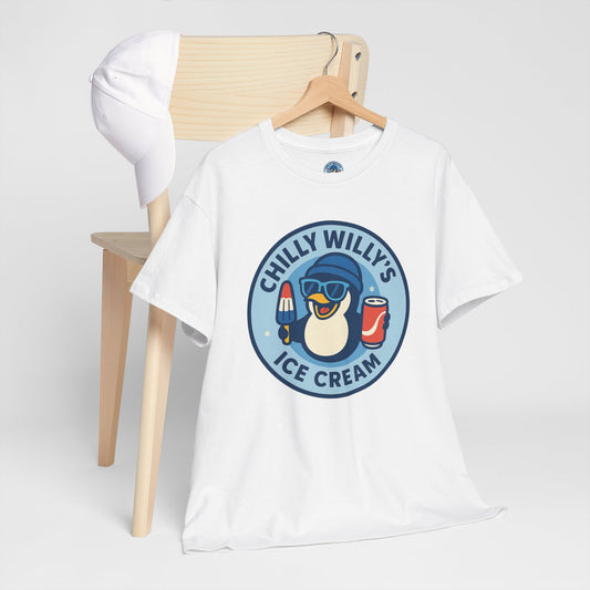 Chilly Willy's Ice Cream Tee, Fun Summer T-Shirt, Penguin Theme Shirt, Unisex Casual Wear, Ice Cream Lovers Gift